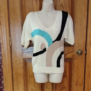 Beautiful Vintage Nannell Cream V-Neck Sweater w/Abstract Colorblock Design M